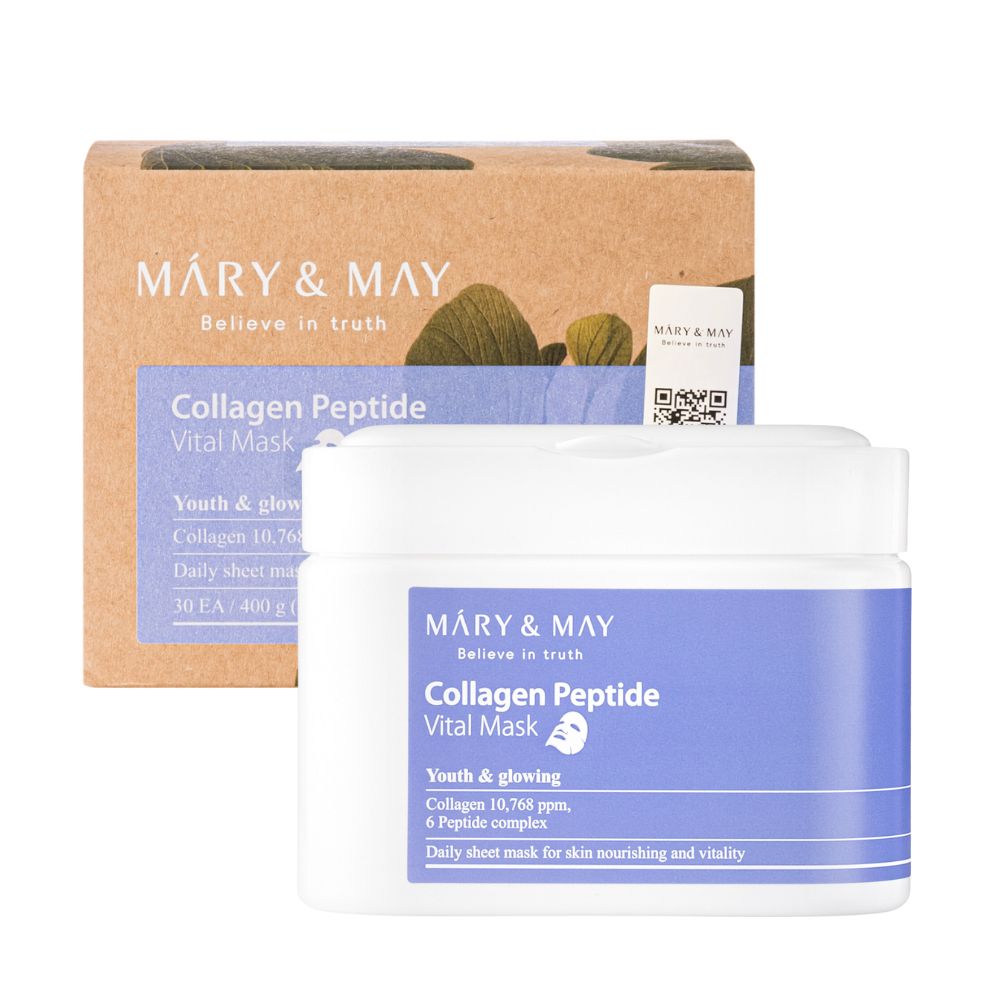 Sheet masks with  with collagen, six types of peptides and adenosine – box of 30 pcs. Mary&amp;May Collagen Peptide Vital mask