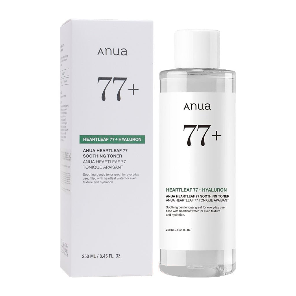 Anua Heartleaf 77% Soothing Toner packaging and bottle, product display