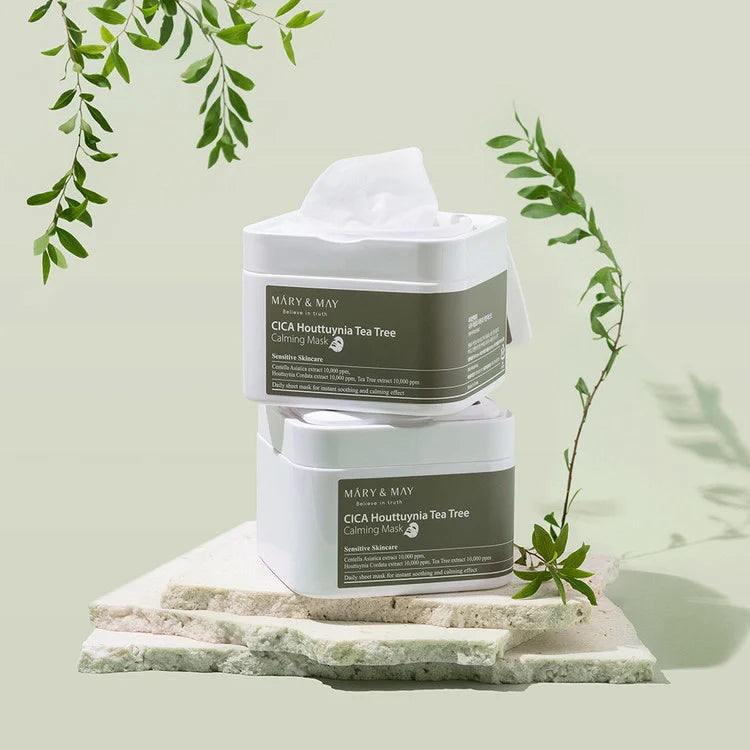 Soothing sheet masks with hutinia and tea tree - box of 30 pcs, Mary &amp; May